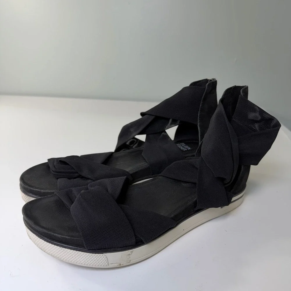 Eileen Fisher Zanya Black Mesh Elastic Suede Platform Sandal Back Zip Womens 8.5